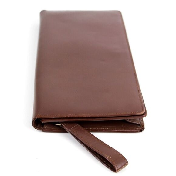 Vintage BROWN GENUINE LEATHER FLAP LONG CLUTCH WALLET ORGANIZER WRISTLET PURSE - Picture 5 of 11